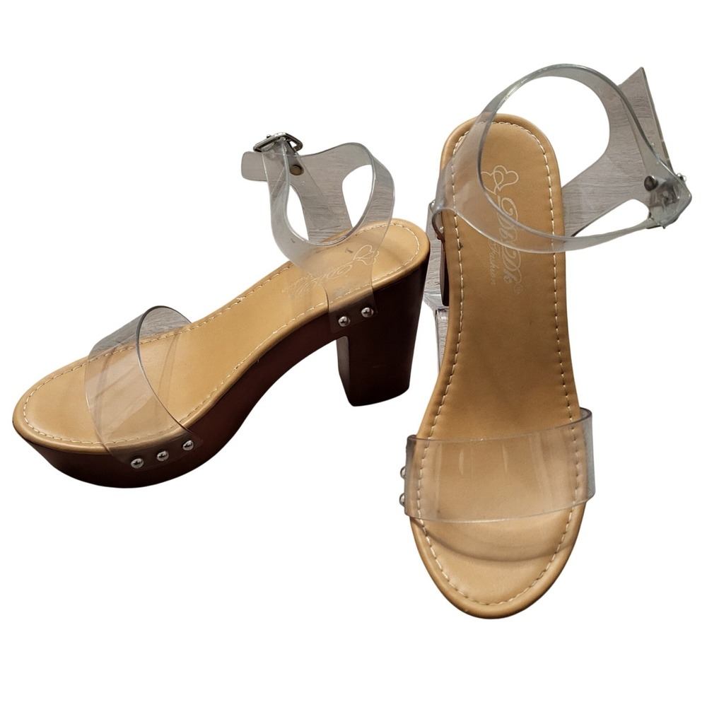Clear Strap Wood Platform Block Heel Sandals Y2K Bohemian Retro Chunky size 6.5